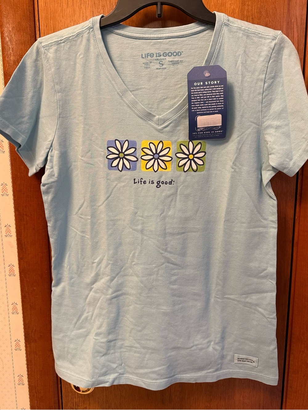 Life Is Good Light Blue V-Neck Tee with Daisy Squares